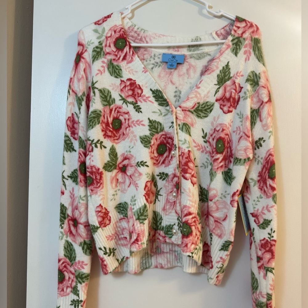 Floral Pink and Green Women's Sweater With Pearl Buttons - NWT NEVER WORN